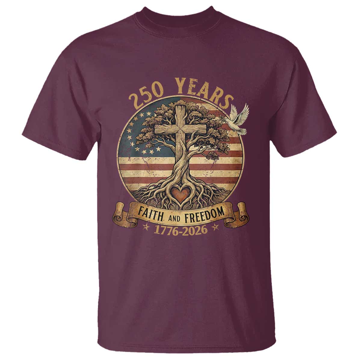 250 Years Faith and Freedom 1776 2026 T Shirt Cross Tree Dove Religious Patriotic Christian