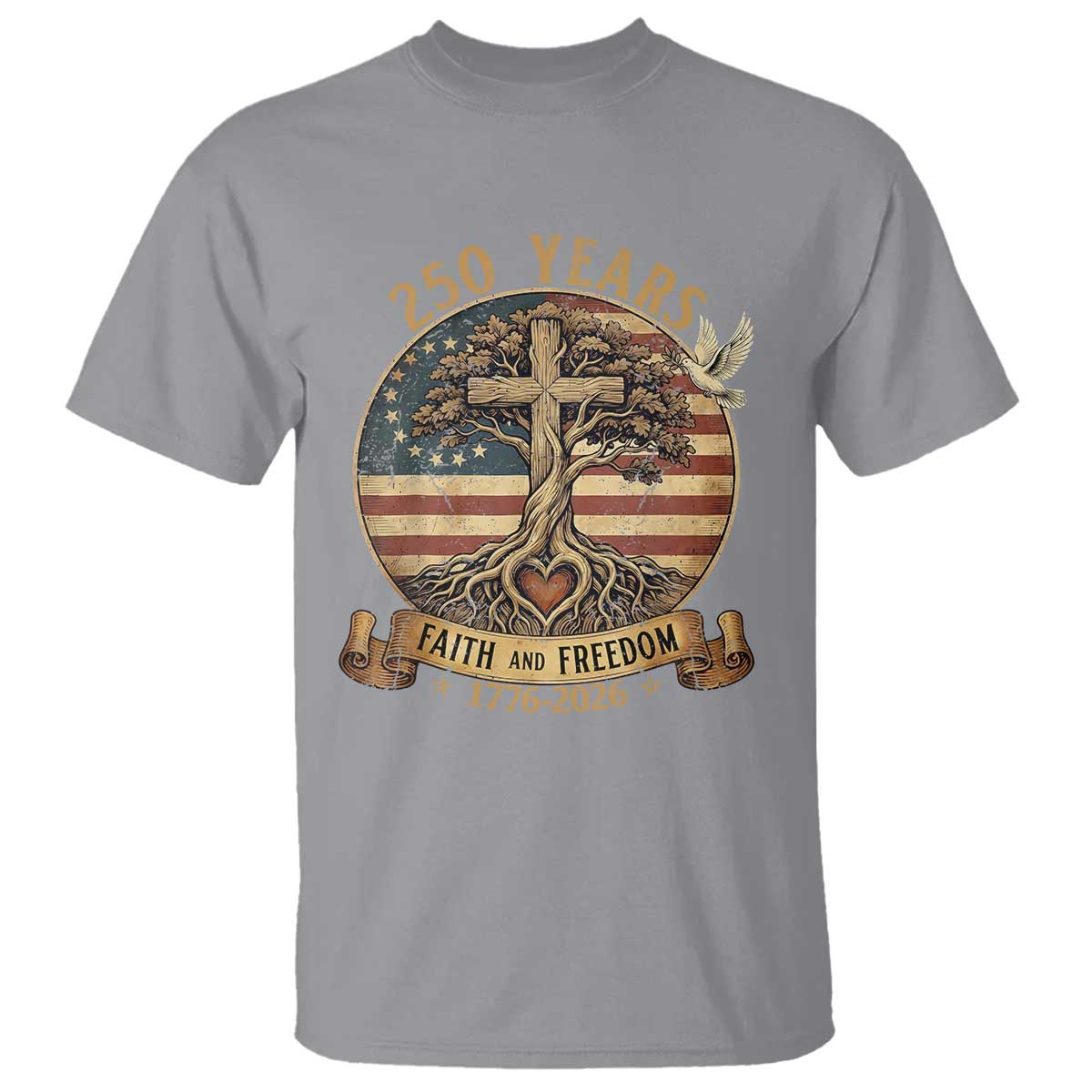 250 Years Faith and Freedom 1776 2026 T Shirt Cross Tree Dove Religious Patriotic Christian