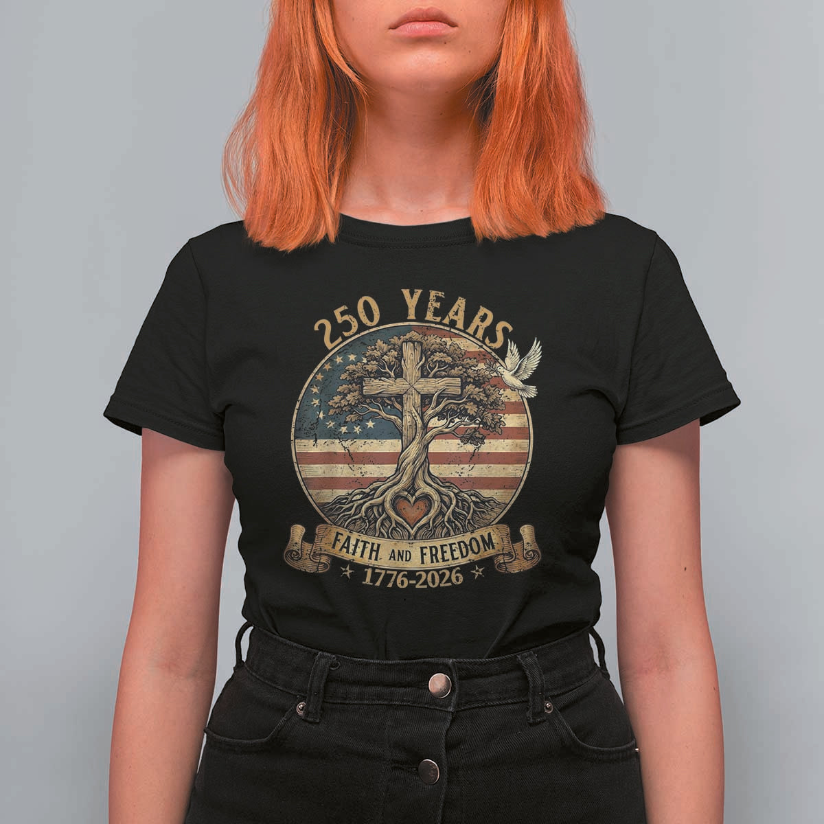 250 Years Faith and Freedom 1776 2026 T Shirt For Women Cross Tree Dove Religious Patriotic Christian