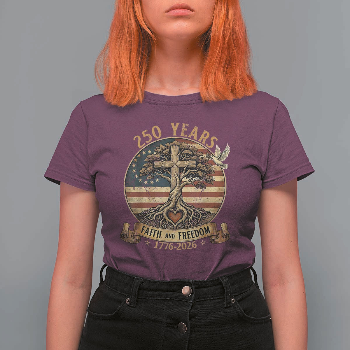 250 Years Faith and Freedom 1776 2026 T Shirt For Women Cross Tree Dove Religious Patriotic Christian