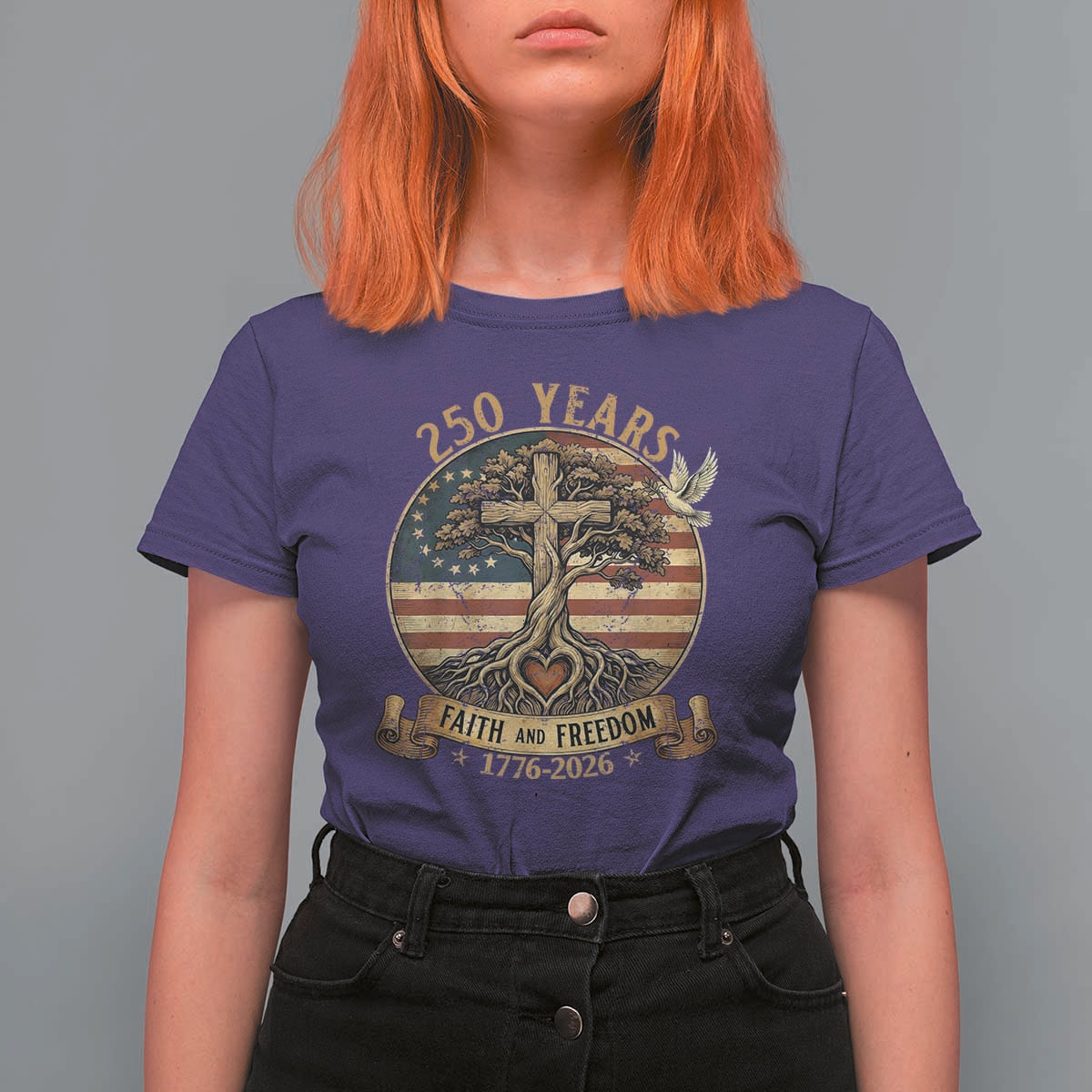 250 Years Faith and Freedom 1776 2026 T Shirt For Women Cross Tree Dove Religious Patriotic Christian