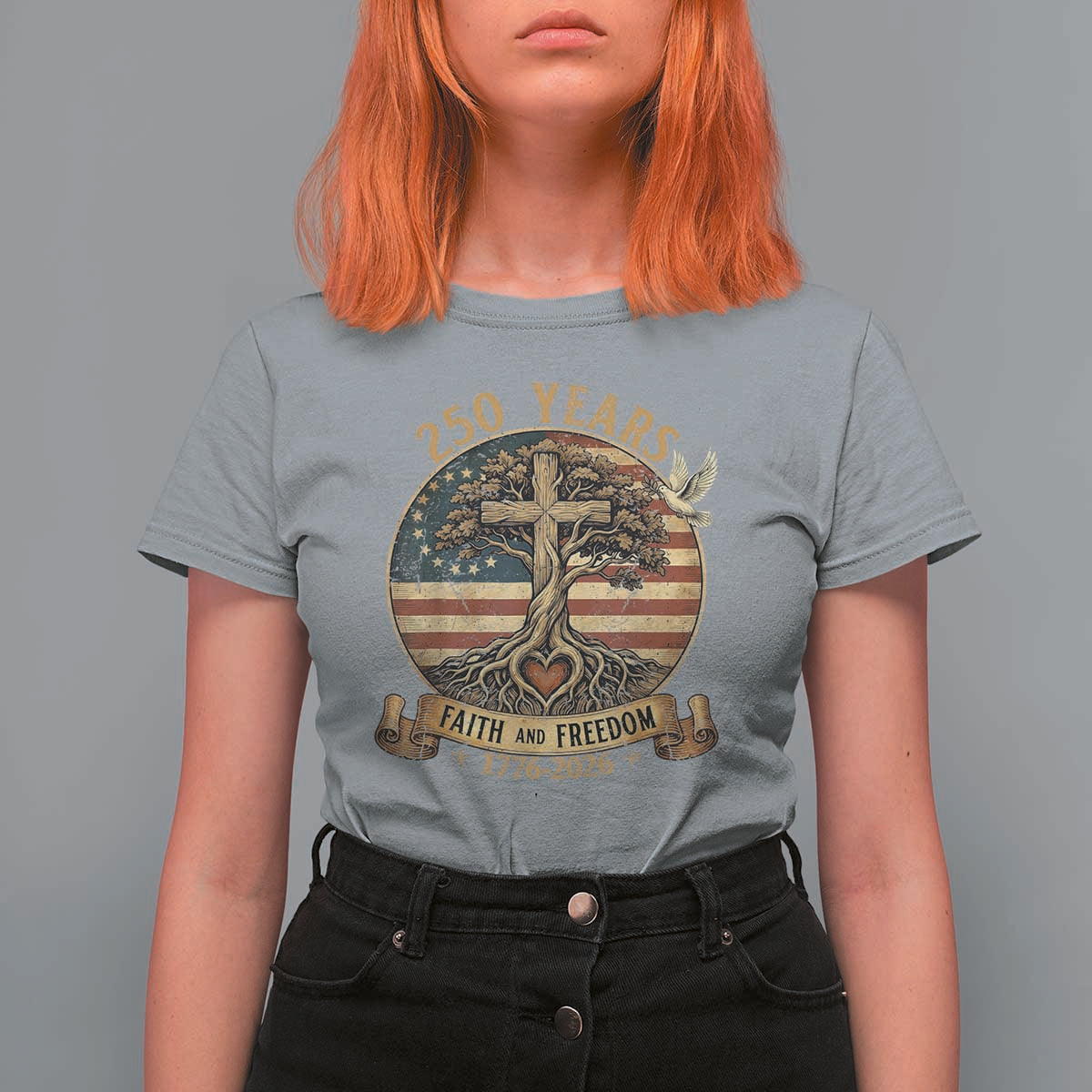 250 Years Faith and Freedom 1776 2026 T Shirt For Women Cross Tree Dove Religious Patriotic Christian