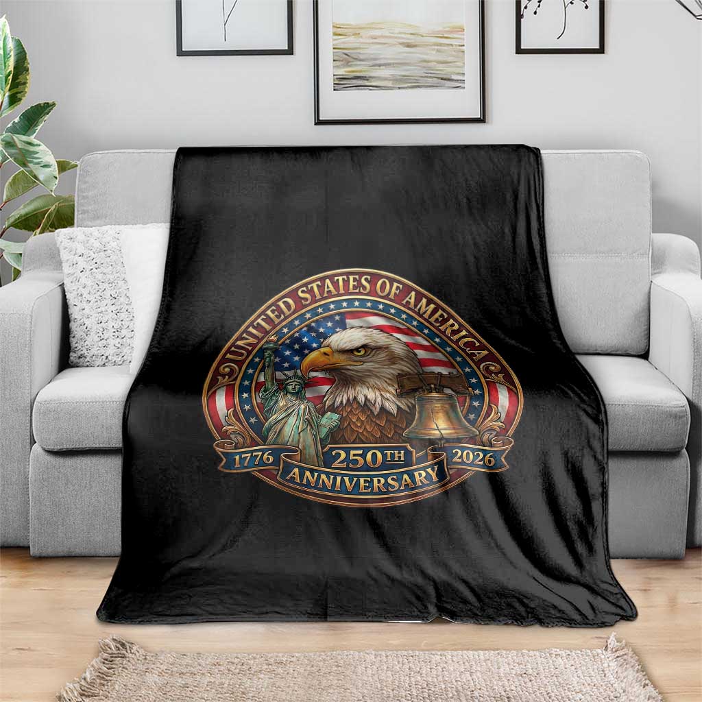 USA 250th Anniversary Emblem 1776 2026 Throw Blanket Patriotic Seal with Bald Eagle Liberty Bell Statue of Liberty