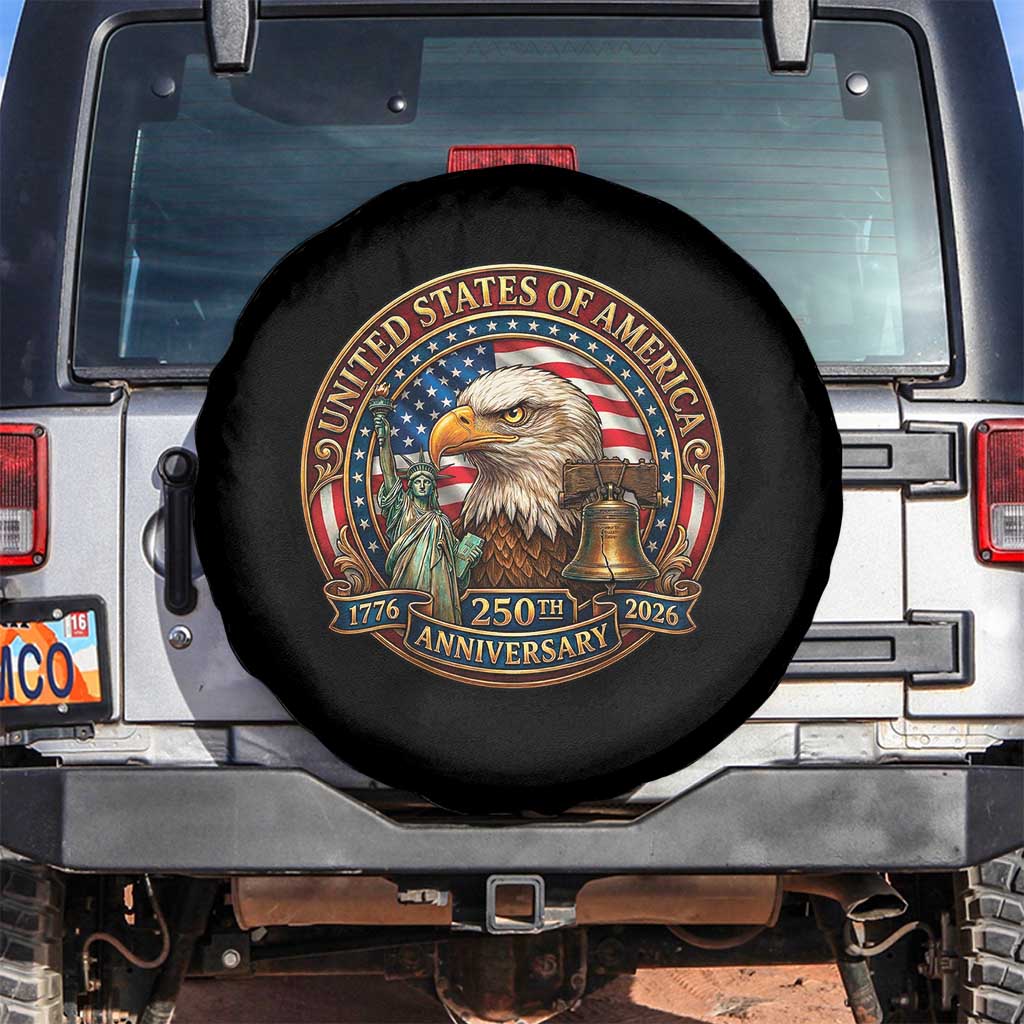 USA 250th Anniversary Emblem 1776 2026 Spare Tire Cover Patriotic Seal with Bald Eagle Liberty Bell Statue of Liberty