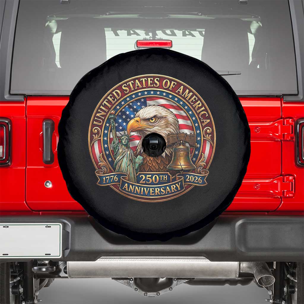 USA 250th Anniversary Emblem 1776 2026 Spare Tire Cover Patriotic Seal with Bald Eagle Liberty Bell Statue of Liberty