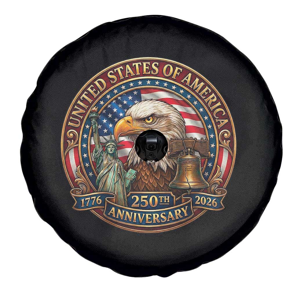 USA 250th Anniversary Emblem 1776 2026 Spare Tire Cover Patriotic Seal with Bald Eagle Liberty Bell Statue of Liberty