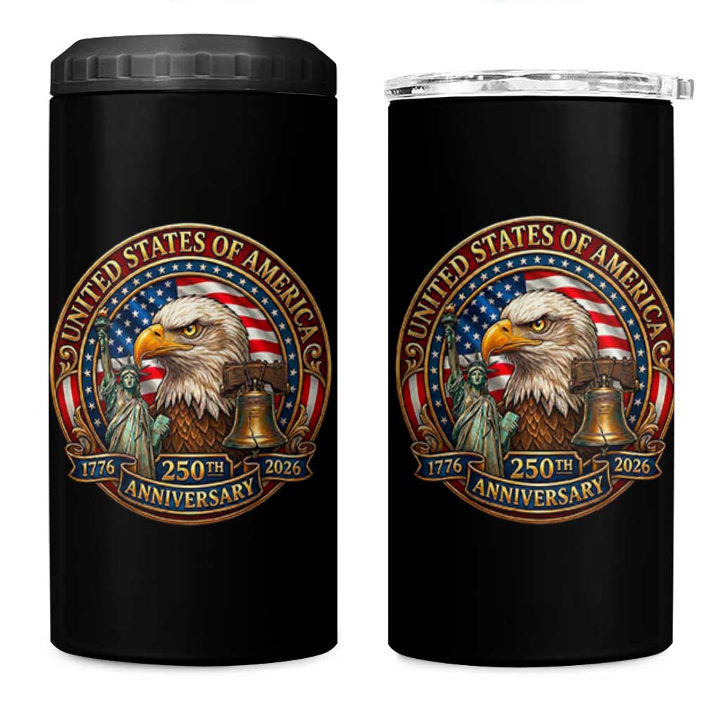 USA 250th Anniversary Emblem 1776 2026 4 in 1 Can Cooler Tumbler Patriotic Seal with Bald Eagle Liberty Bell Statue of Liberty