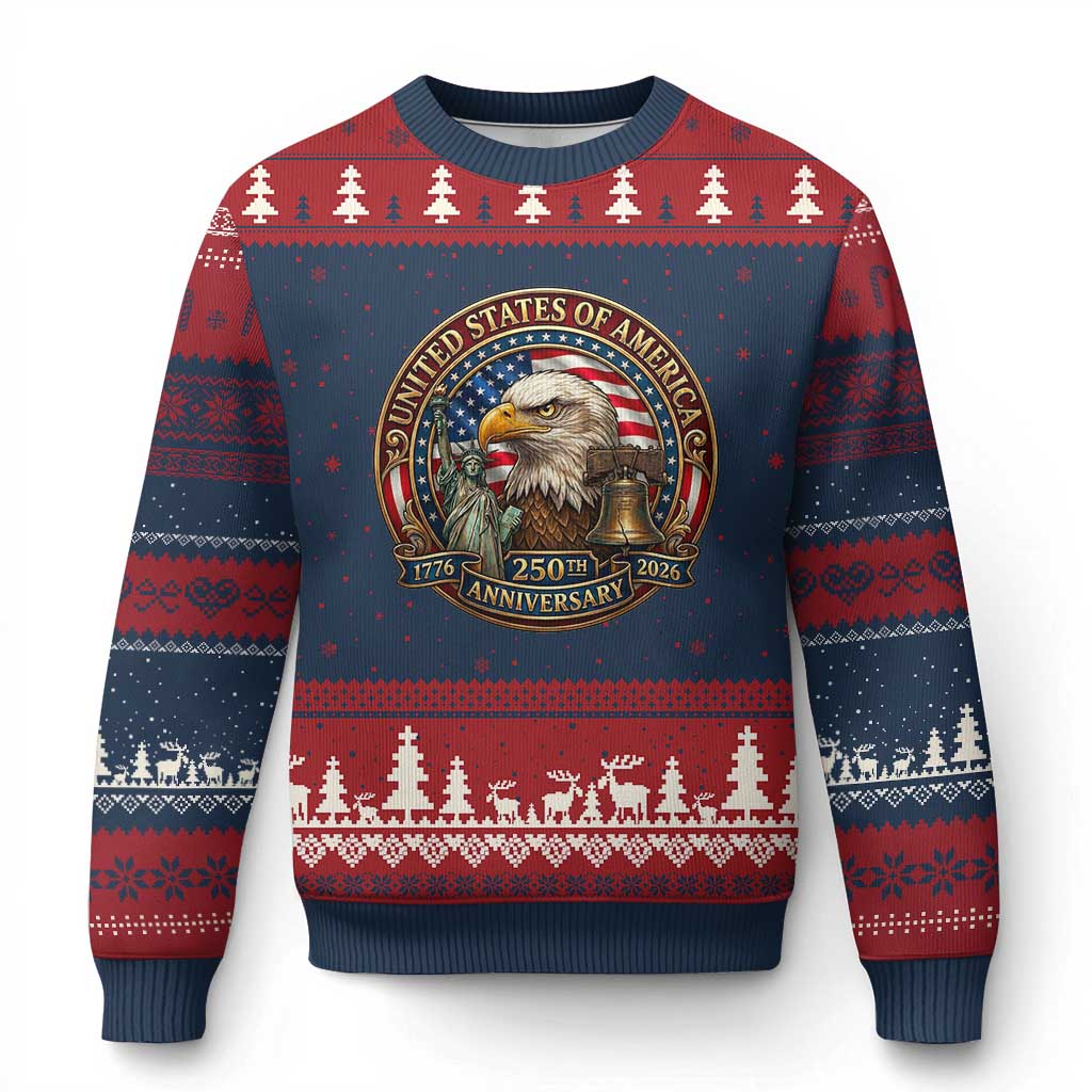 USA 250th Anniversary Emblem 1776 2026 Ugly Christmas Sweater Patriotic Seal with Bald Eagle Liberty Bell Statue of Liberty
