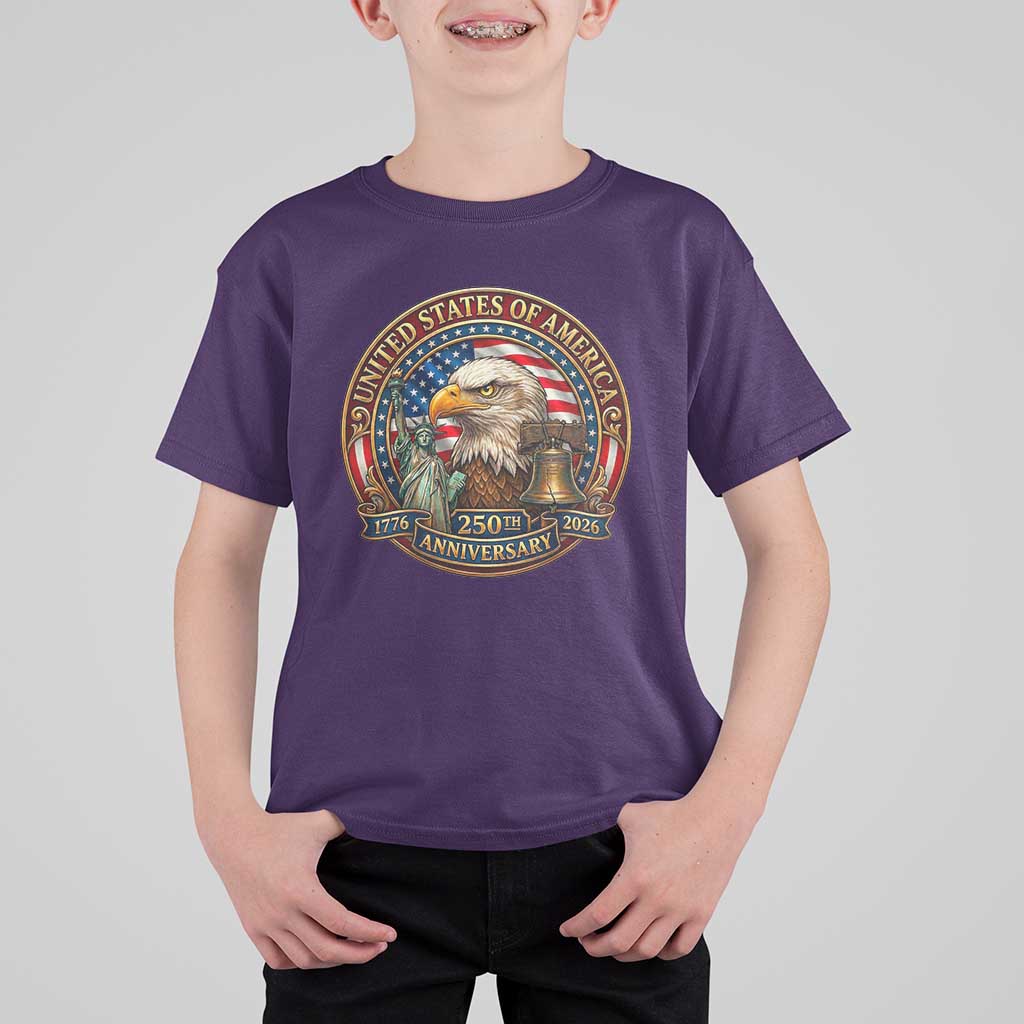 USA 250th Anniversary Emblem 1776 2026 T Shirt For Kid Patriotic Seal with Bald Eagle Liberty Bell Statue of Liberty