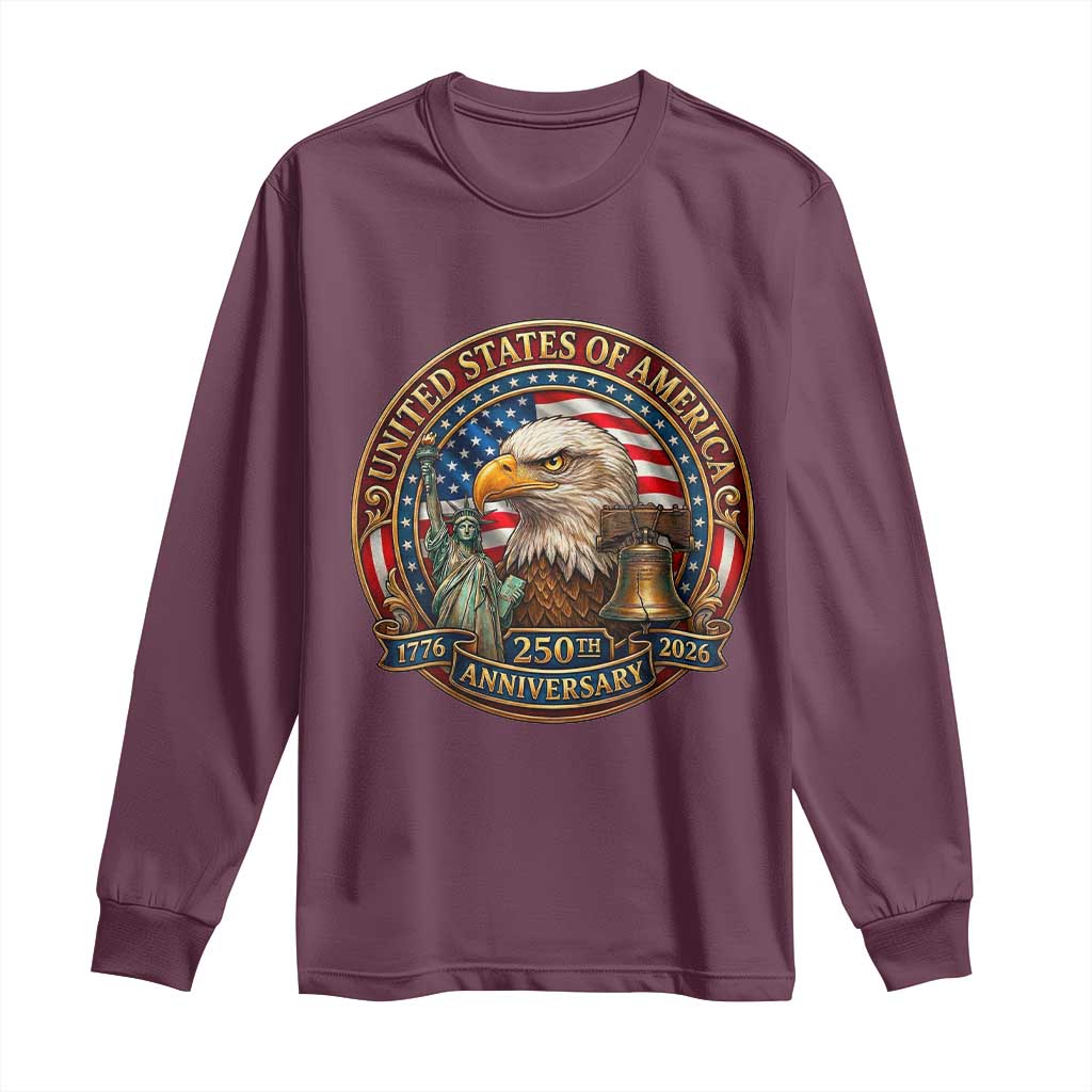 USA 250th Anniversary Emblem 1776 2026 Long Sleeve Shirt Patriotic Seal with Bald Eagle Liberty Bell Statue of Liberty