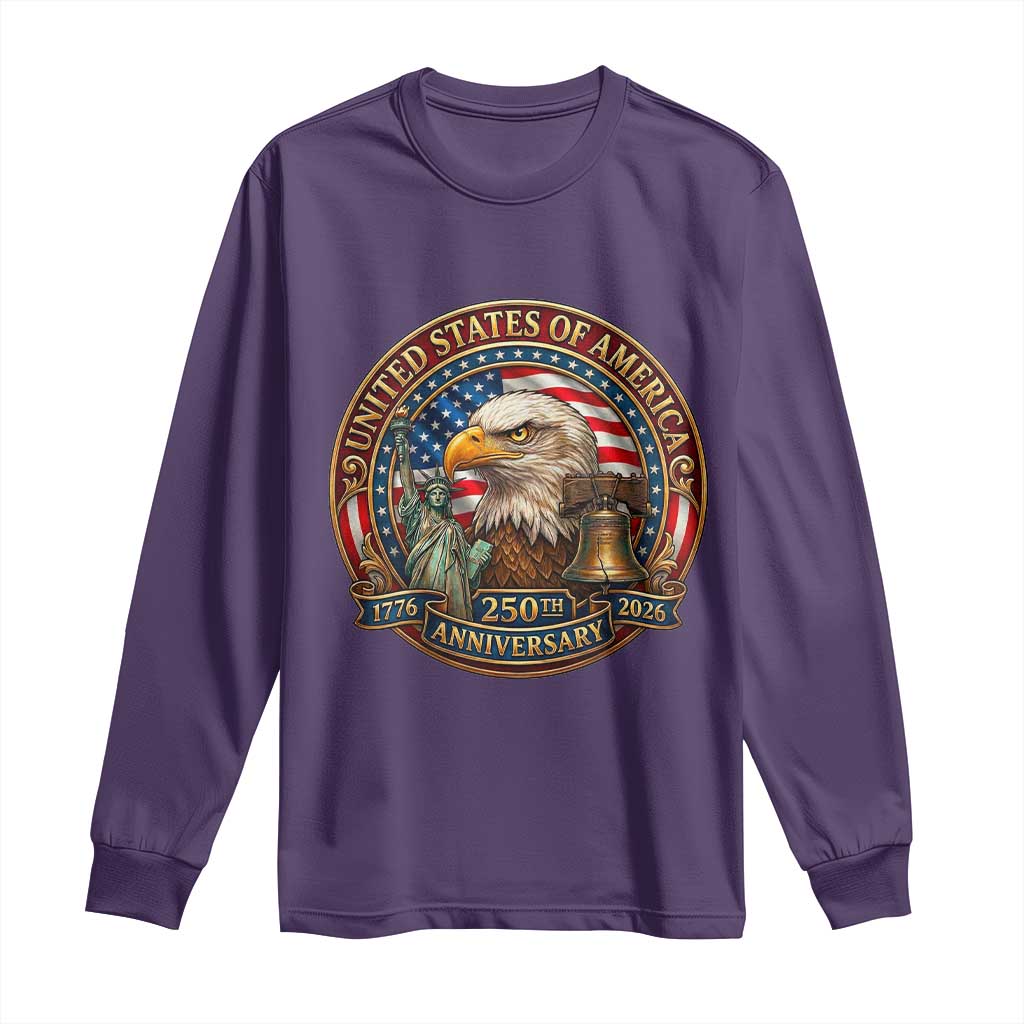 USA 250th Anniversary Emblem 1776 2026 Long Sleeve Shirt Patriotic Seal with Bald Eagle Liberty Bell Statue of Liberty
