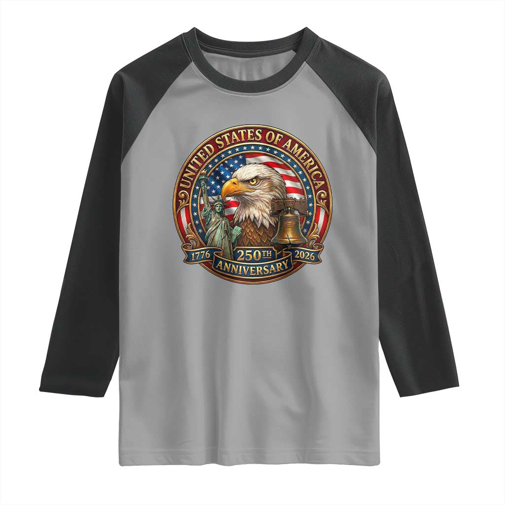 USA 250th Anniversary Emblem 1776 2026 Raglan Shirt Patriotic Seal with Bald Eagle Liberty Bell Statue of Liberty