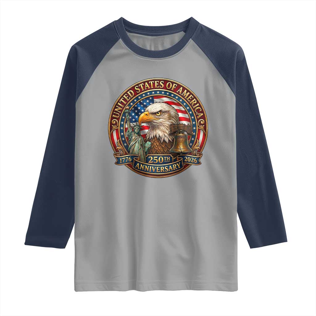 USA 250th Anniversary Emblem 1776 2026 Raglan Shirt Patriotic Seal with Bald Eagle Liberty Bell Statue of Liberty