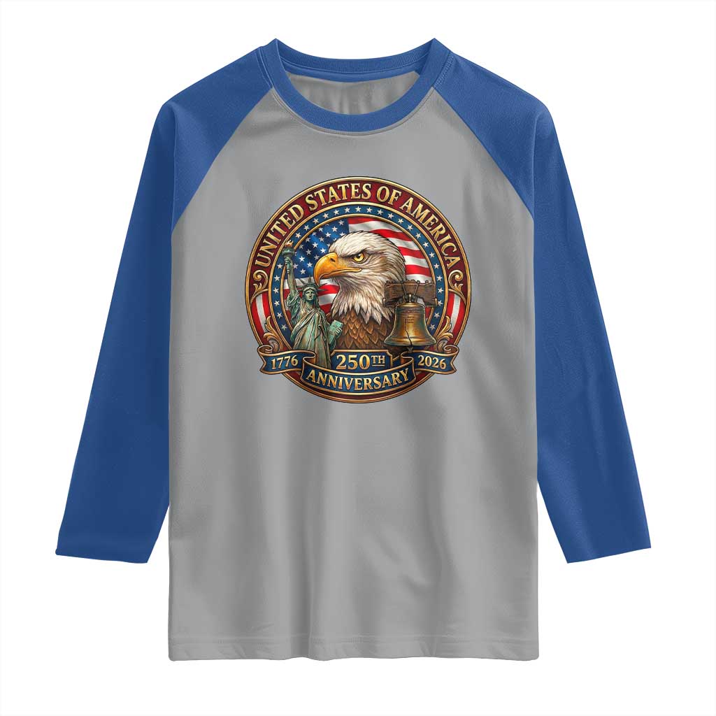 USA 250th Anniversary Emblem 1776 2026 Raglan Shirt Patriotic Seal with Bald Eagle Liberty Bell Statue of Liberty