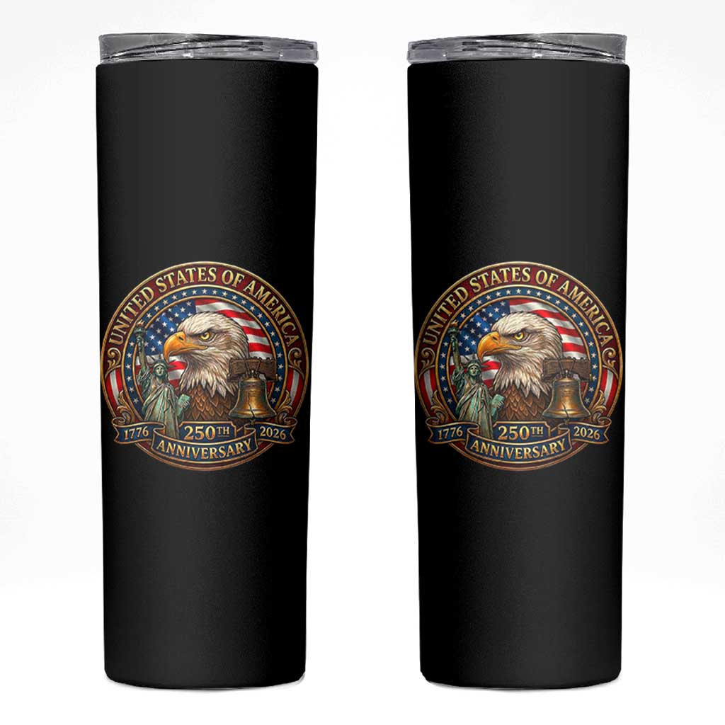 USA 250th Anniversary Emblem 1776 2026 Skinny Tumbler Patriotic Seal with Bald Eagle Liberty Bell Statue of Liberty