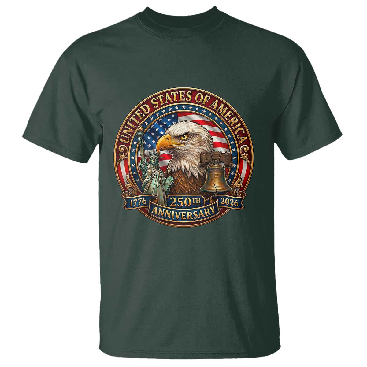 USA 250th Anniversary Emblem 1776 2026 T Shirt Patriotic Seal with Bald Eagle Liberty Bell Statue of Liberty