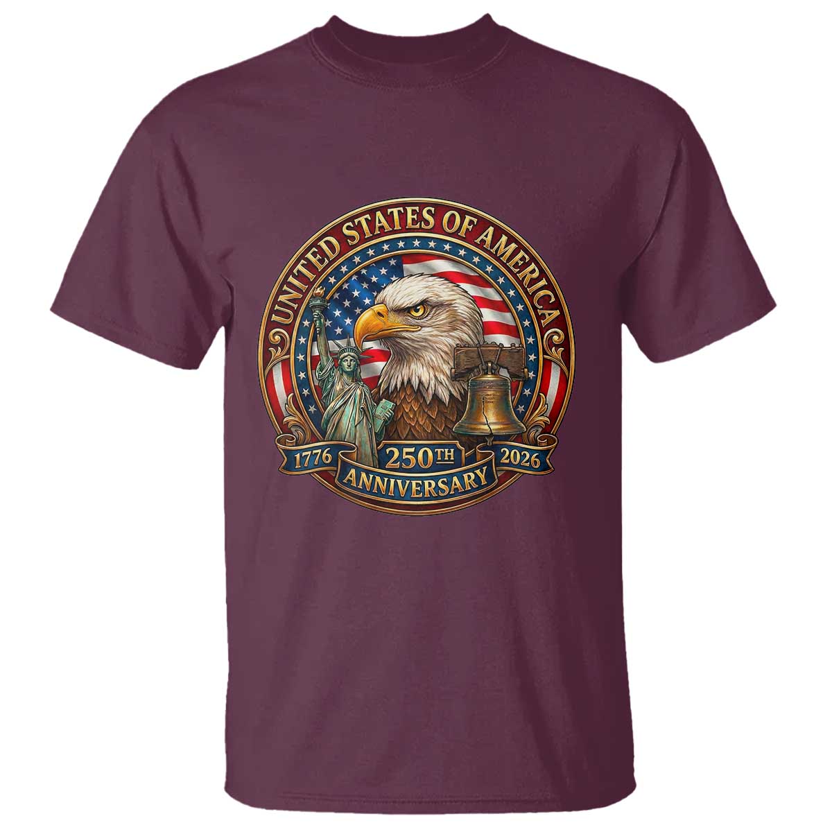 USA 250th Anniversary Emblem 1776 2026 T Shirt Patriotic Seal with Bald Eagle Liberty Bell Statue of Liberty