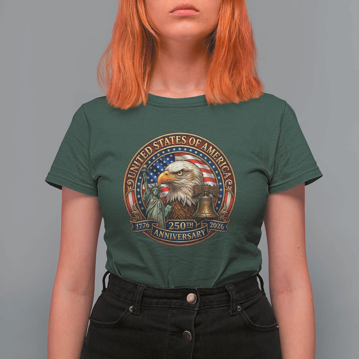 USA 250th Anniversary Emblem 1776 2026 T Shirt For Women Patriotic Seal with Bald Eagle Liberty Bell Statue of Liberty