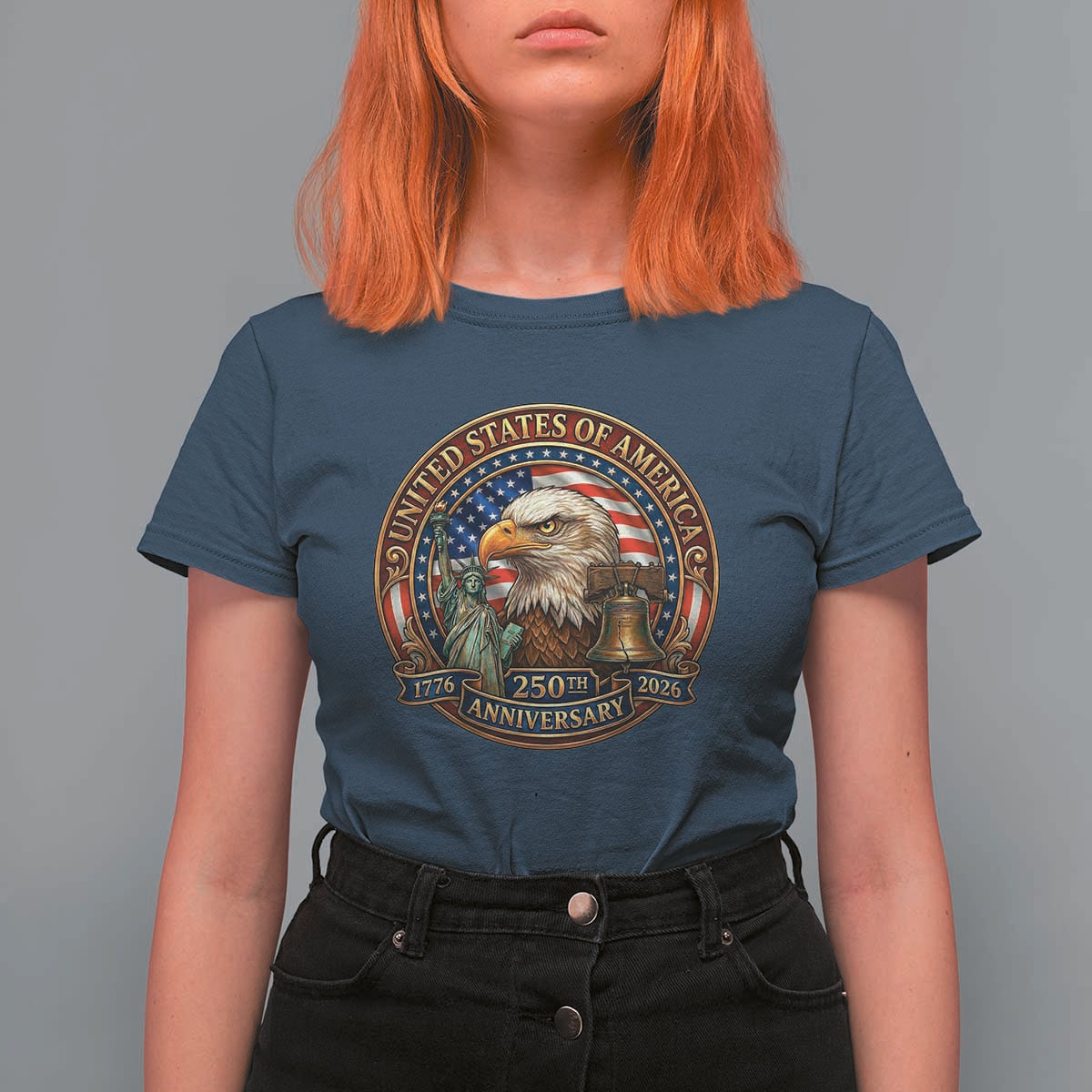 USA 250th Anniversary Emblem 1776 2026 T Shirt For Women Patriotic Seal with Bald Eagle Liberty Bell Statue of Liberty