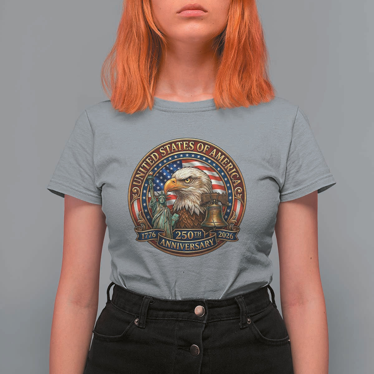 USA 250th Anniversary Emblem 1776 2026 T Shirt For Women Patriotic Seal with Bald Eagle Liberty Bell Statue of Liberty