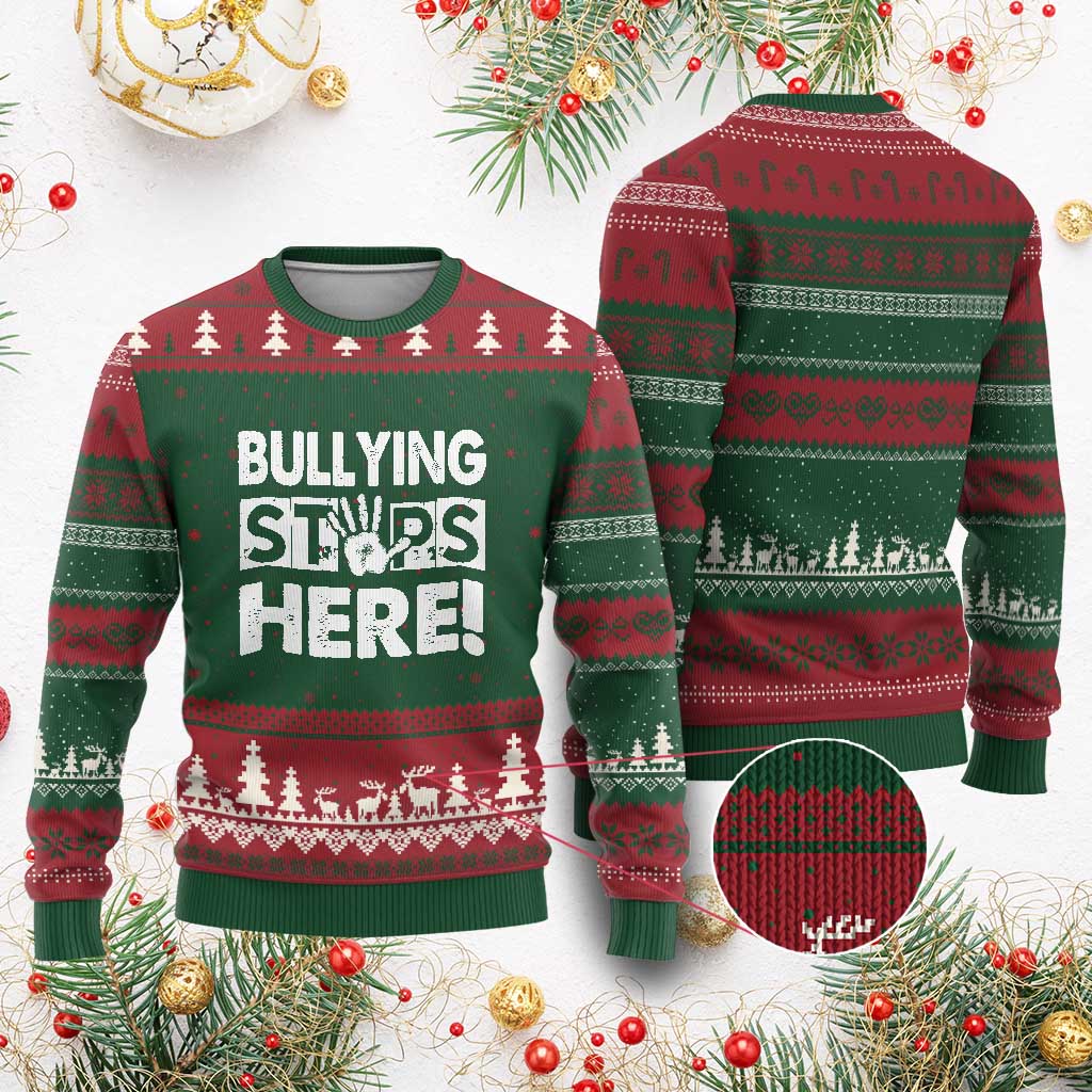 Pink Shirt Day Ugly Christmas Sweater Bullying Stops Here Stand Up To Bullies - Wonder Print Shop