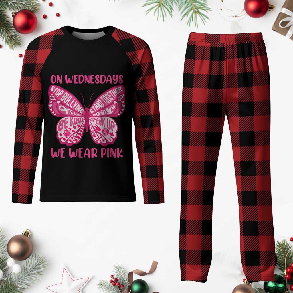 Pink Shirt Day Plaid Pajama Set On Wednesdays We Wear Pink Anti Bullying Butterfly - Wonder Print Shop