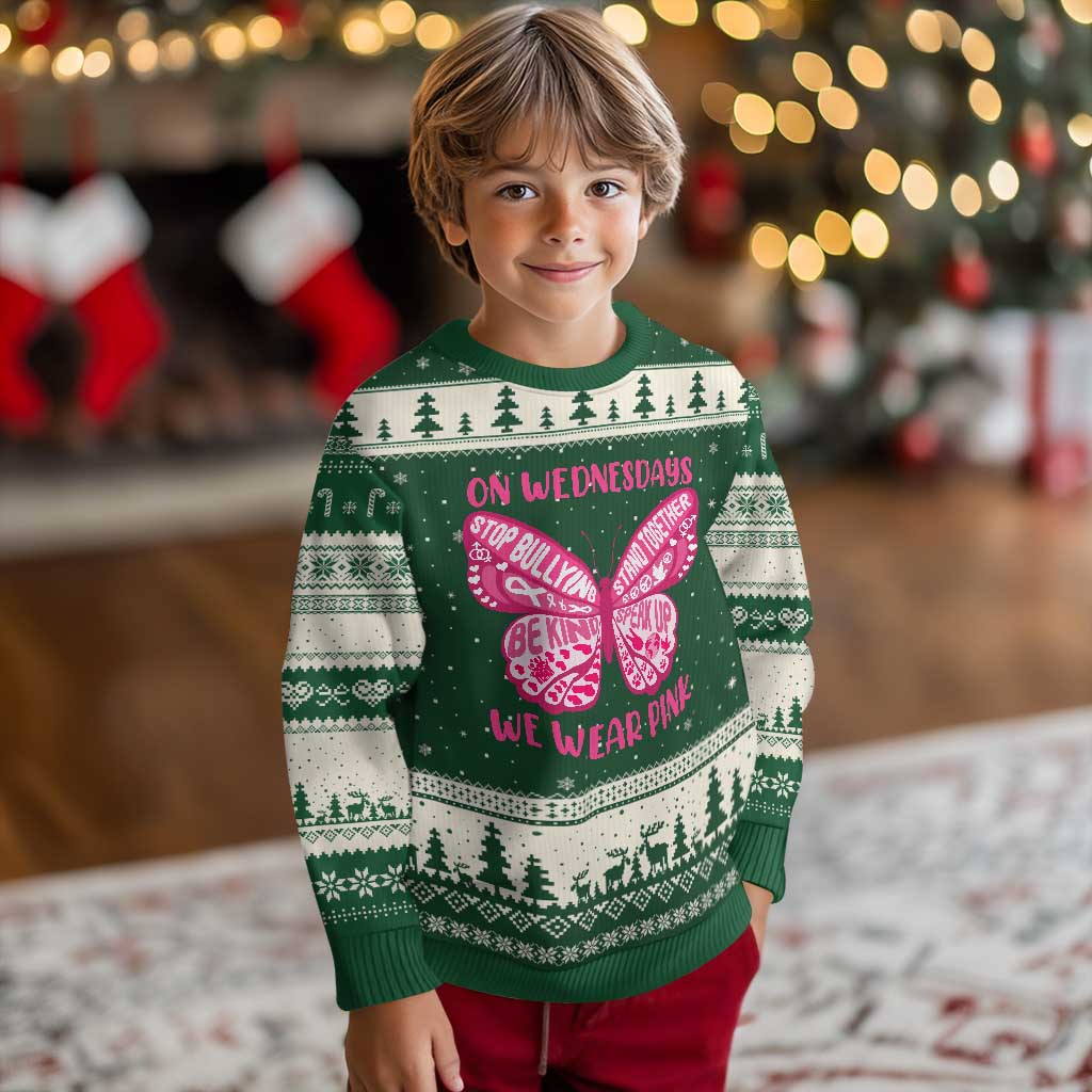 Pink Shirt Day Ugly Christmas Sweater On Wednesdays We Wear Pink Anti Bullying Butterfly - Wonder Print Shop