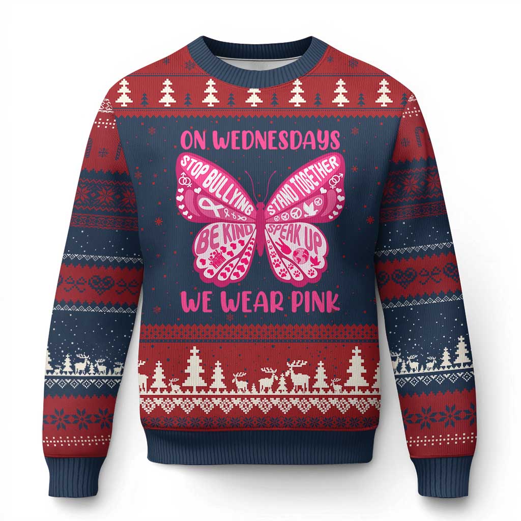 Pink Shirt Day Ugly Christmas Sweater On Wednesdays We Wear Pink Anti Bullying Butterfly - Wonder Print Shop