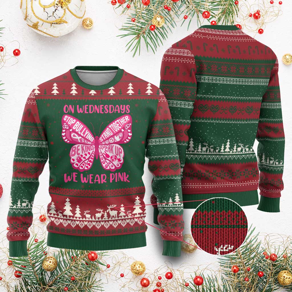 Pink Shirt Day Ugly Christmas Sweater On Wednesdays We Wear Pink Anti Bullying Butterfly - Wonder Print Shop