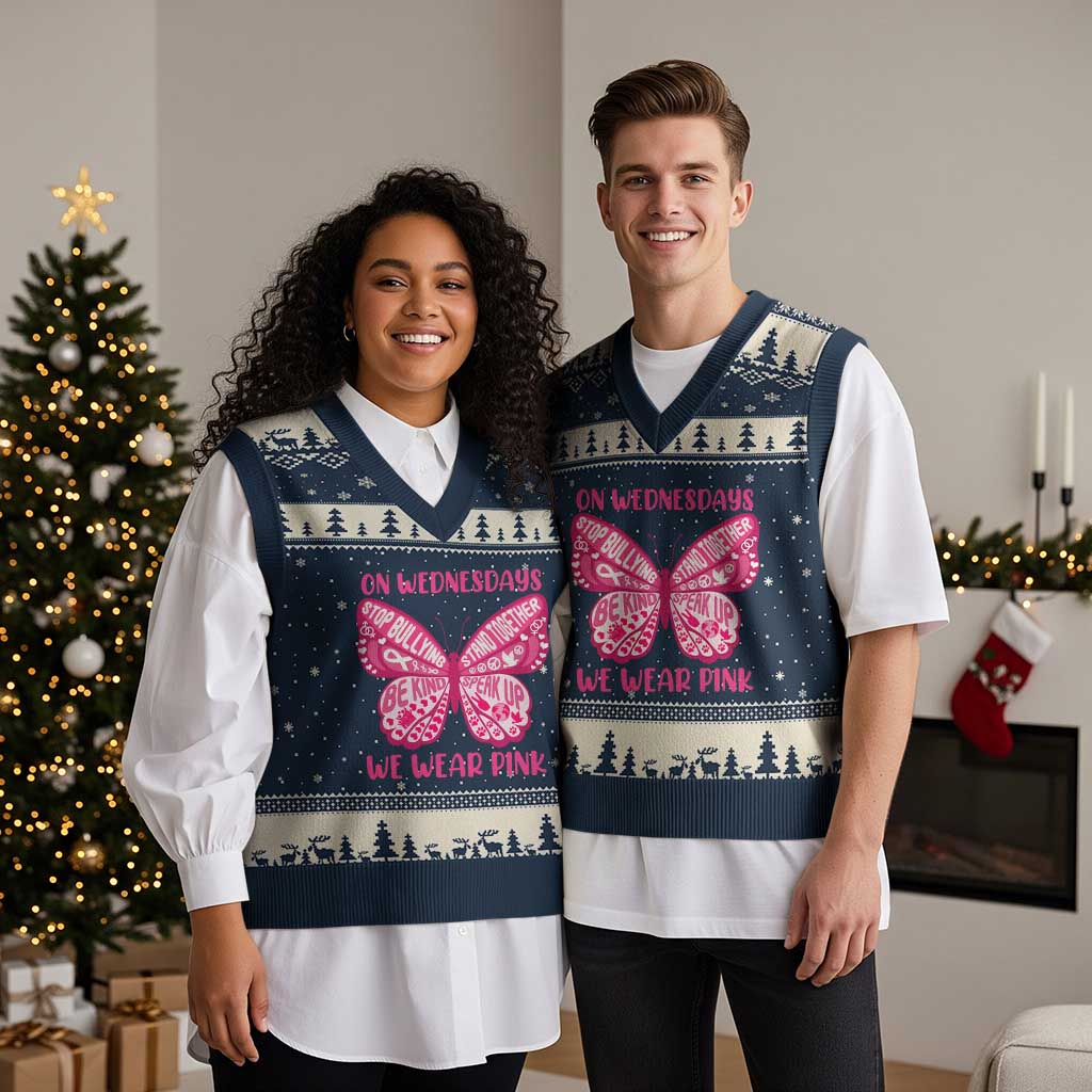 Pink Shirt Day V-Neck Knit Sweater Vest On Wednesdays We Wear Pink Anti Bullying Butterfly - Wonder Print Shop