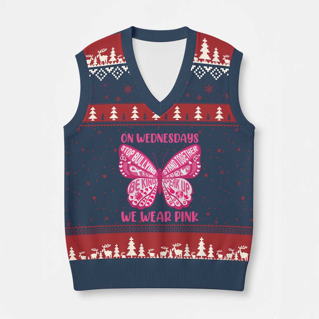 Pink Shirt Day V-Neck Knit Sweater Vest On Wednesdays We Wear Pink Anti Bullying Butterfly - Wonder Print Shop