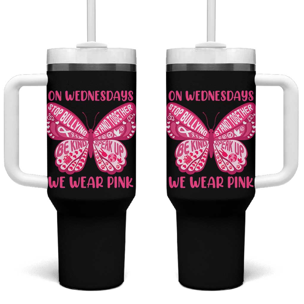 Pink Shirt Day Tumbler With Handle On Wednesdays We Wear Pink Anti Bullying Butterfly