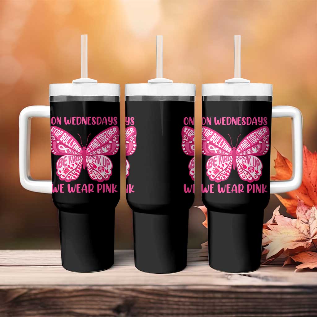Pink Shirt Day Tumbler With Handle On Wednesdays We Wear Pink Anti Bullying Butterfly