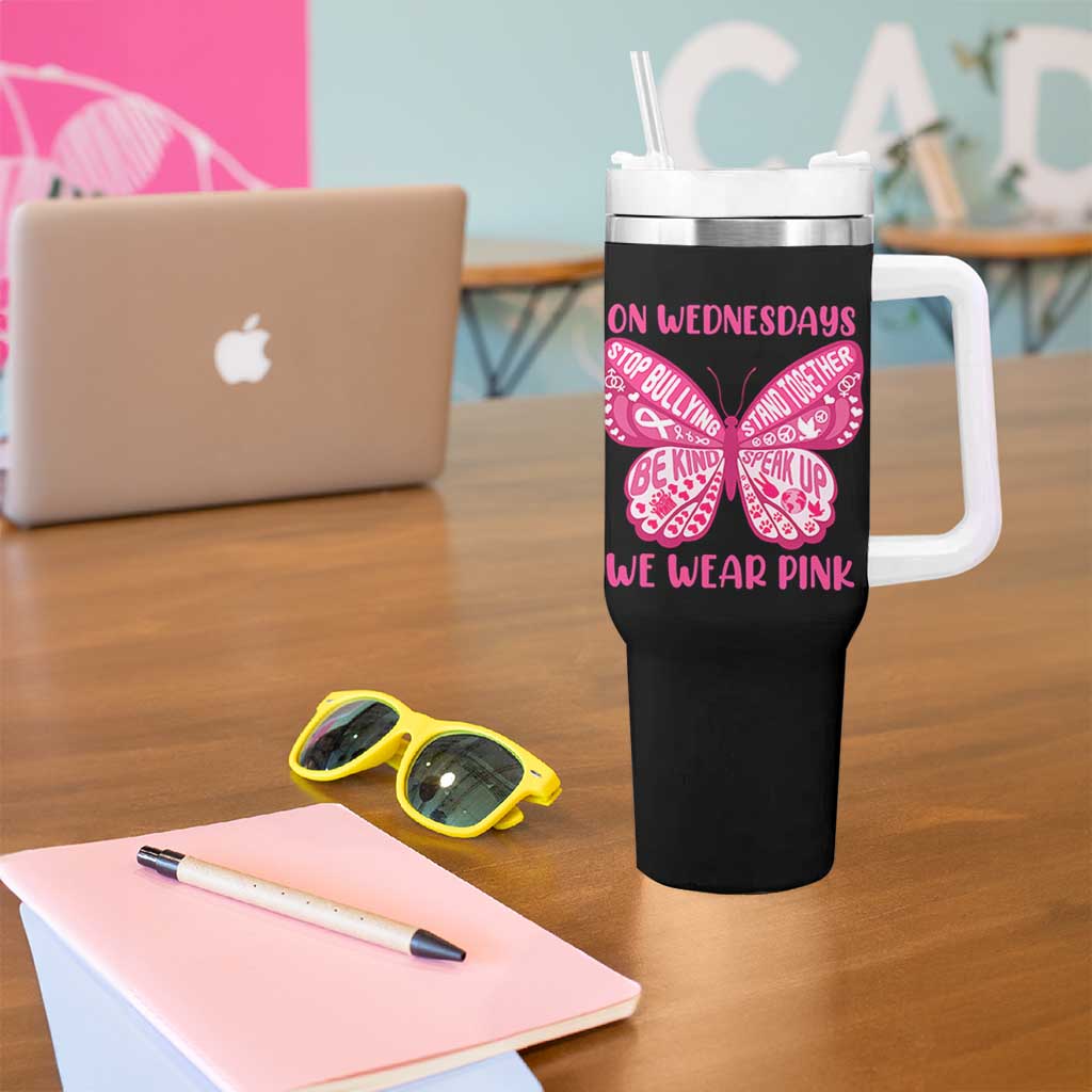 Pink Shirt Day Tumbler With Handle On Wednesdays We Wear Pink Anti Bullying Butterfly