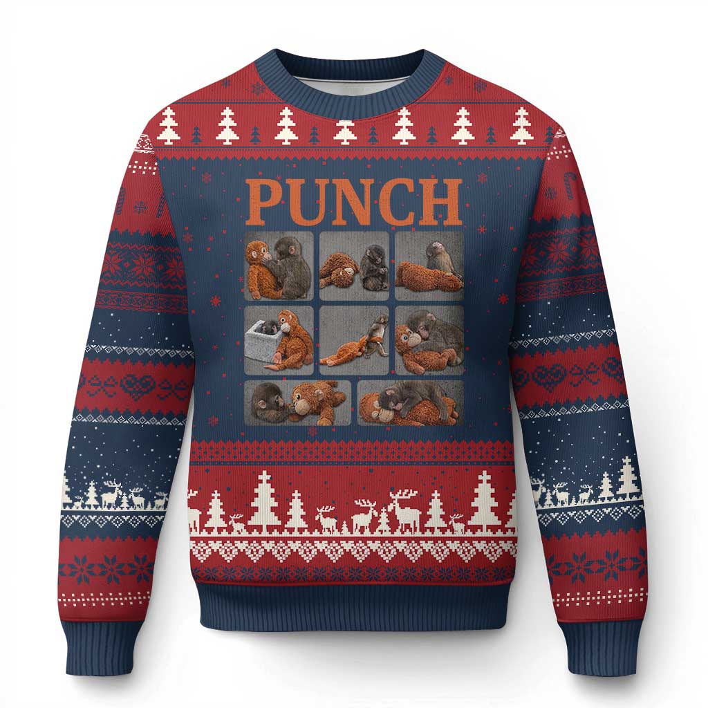 Cute Baby Monkey Punch with Plush Toy Graphic Ugly Christmas Sweater