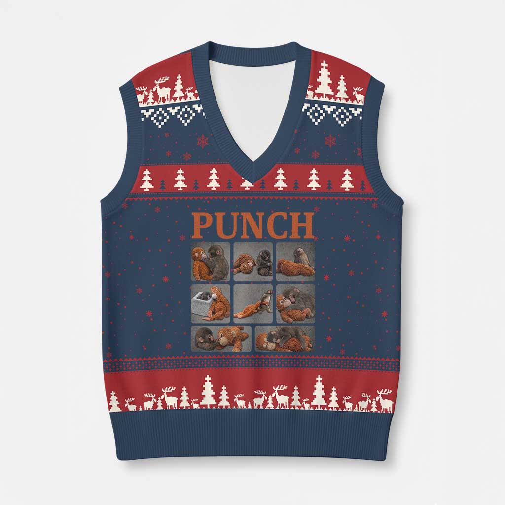 Cute Baby Monkey Punch with Plush Toy Graphic V-Neck Knit Sweater Vest