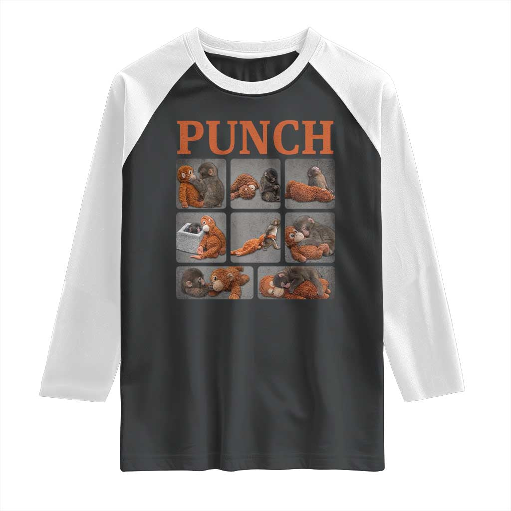 Cute Baby Monkey Punch with Plush Toy Graphic Raglan Shirt