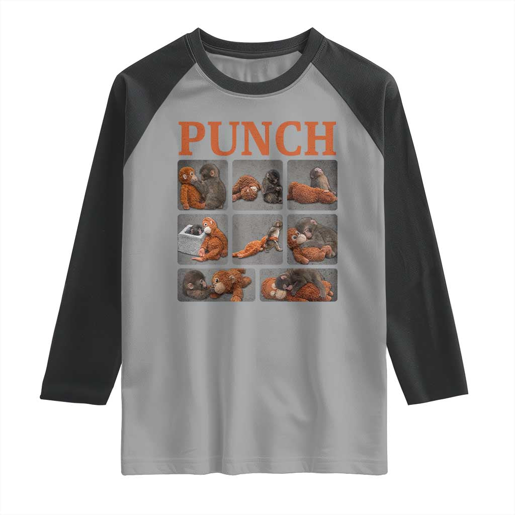 Cute Baby Monkey Punch with Plush Toy Graphic Raglan Shirt