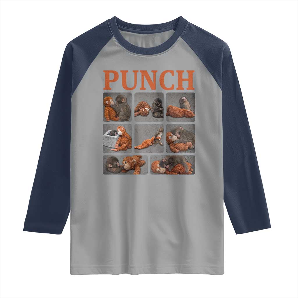 Cute Baby Monkey Punch with Plush Toy Graphic Raglan Shirt