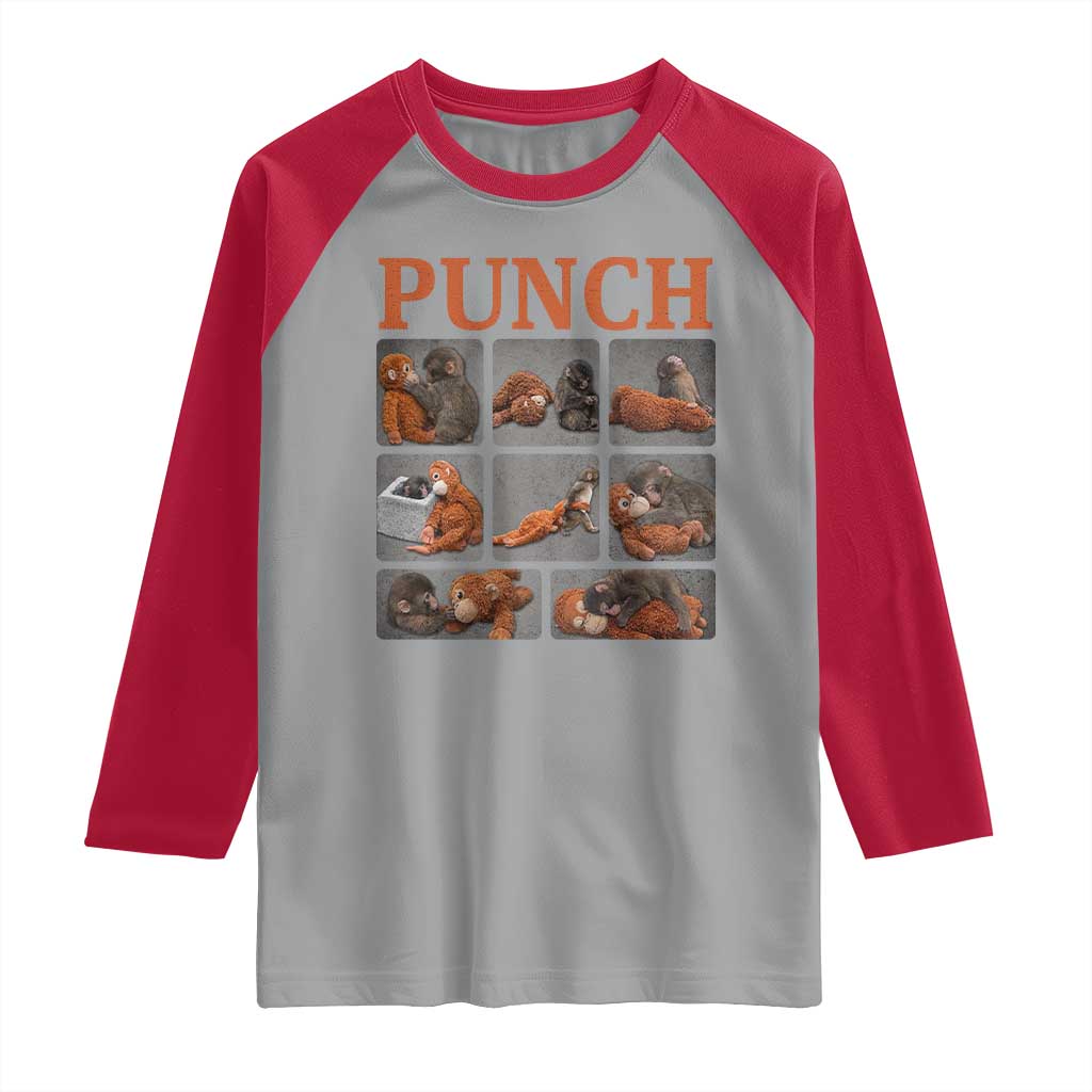 Cute Baby Monkey Punch with Plush Toy Graphic Raglan Shirt