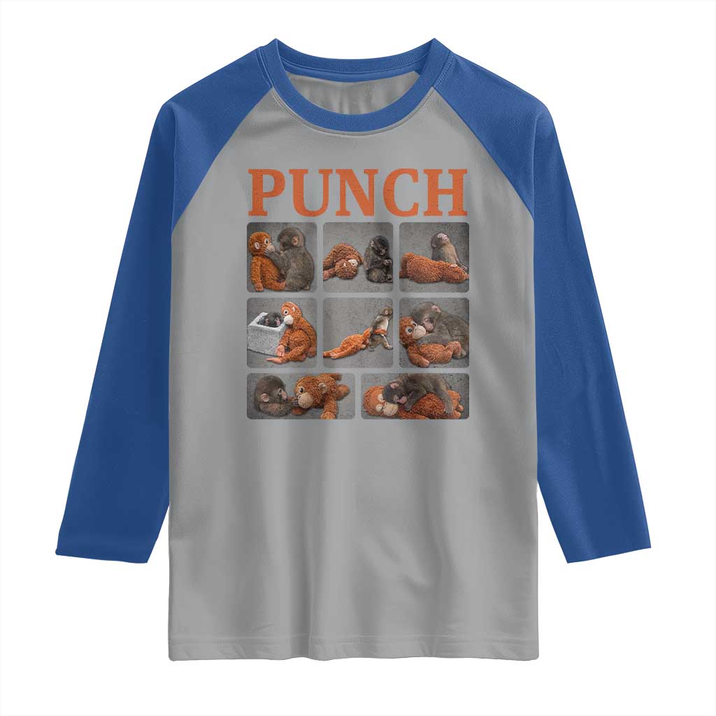 Cute Baby Monkey Punch with Plush Toy Graphic Raglan Shirt