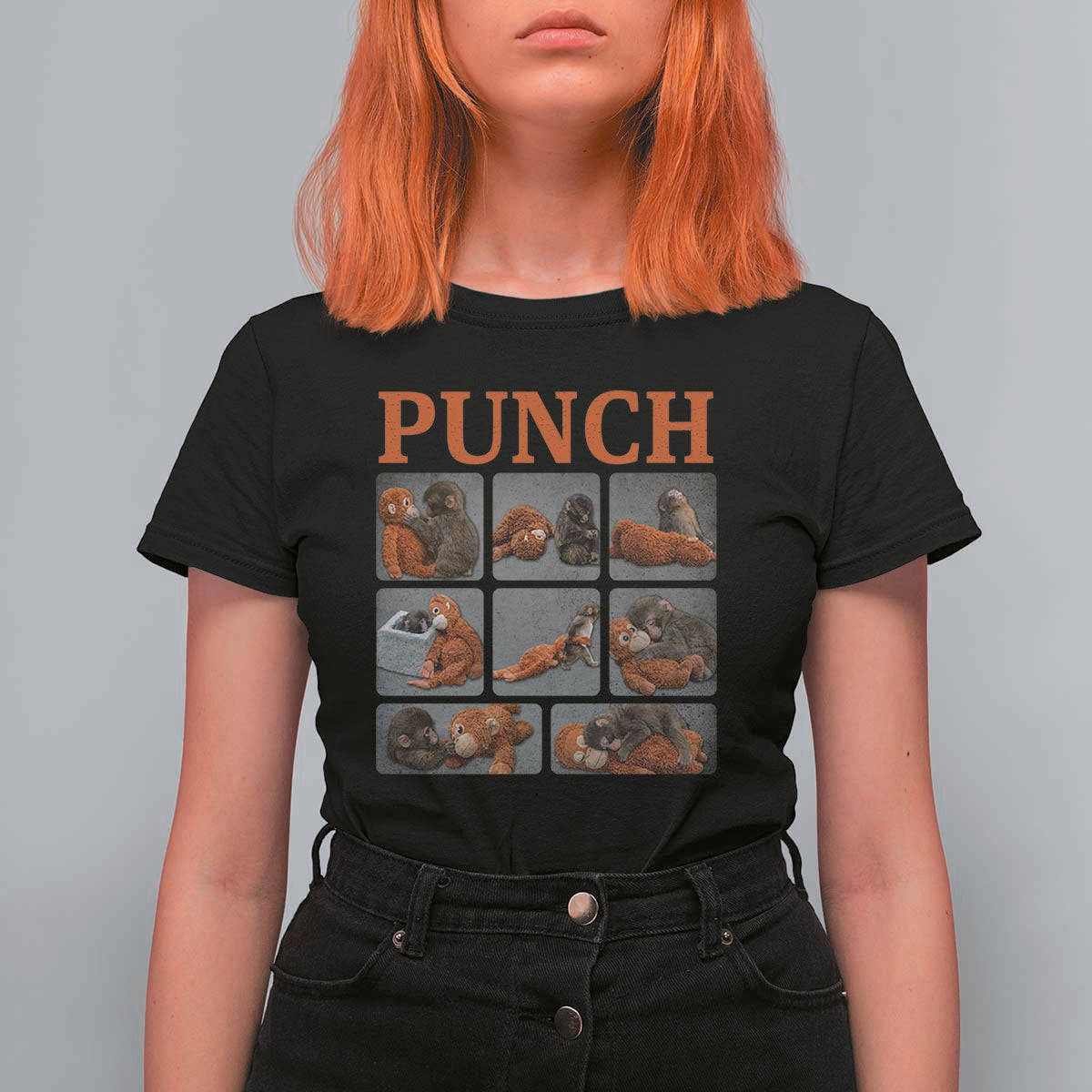 Cute Baby Monkey Punch with Plush Toy Graphic T Shirt For Women