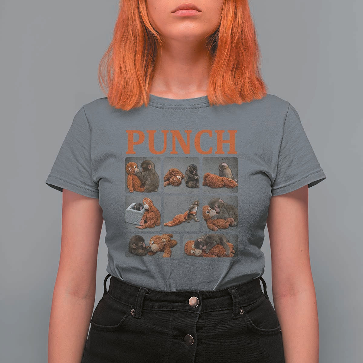 Cute Baby Monkey Punch with Plush Toy Graphic T Shirt For Women