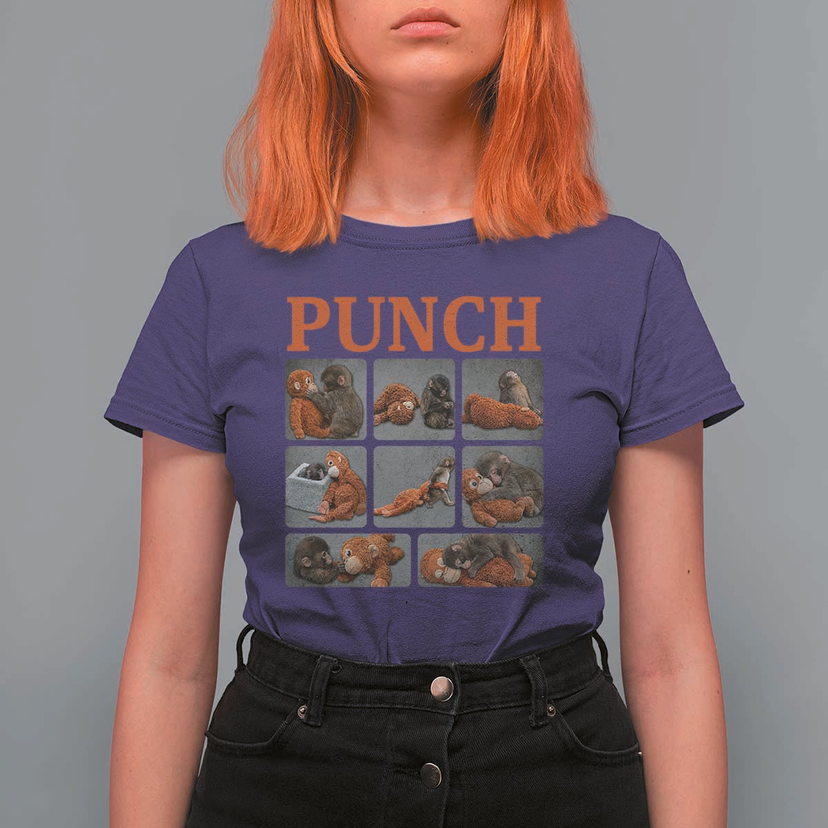 Cute Baby Monkey Punch with Plush Toy Graphic T Shirt For Women
