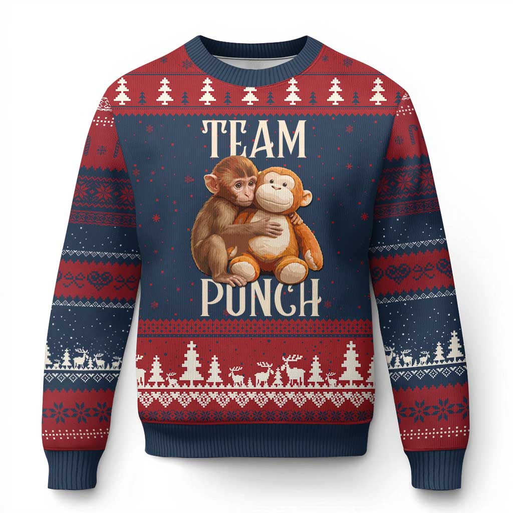 Team Punch Cute Baby Monkey Hugging Plush Toy Graphic Ugly Christmas Sweater