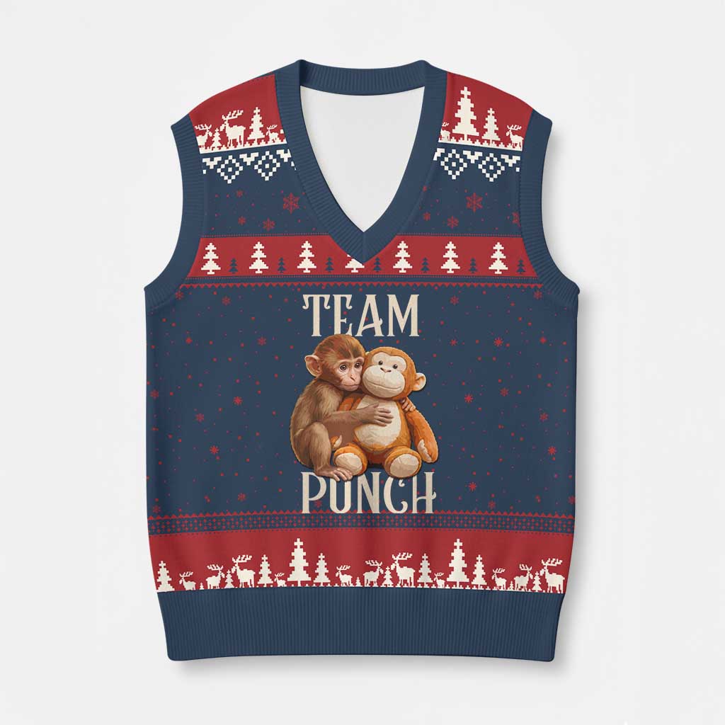 Team Punch Cute Baby Monkey Hugging Plush Toy Graphic V-Neck Knit Sweater Vest