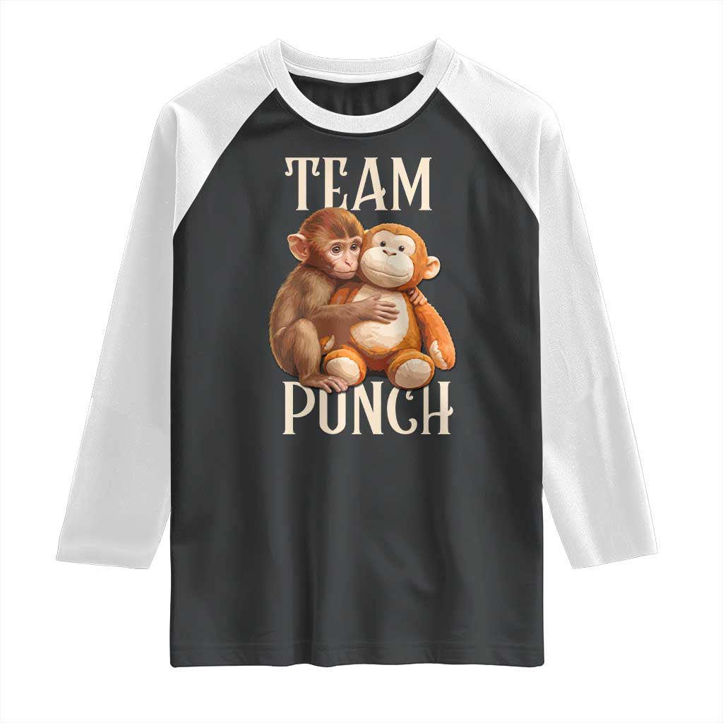 Team Punch Cute Baby Monkey Hugging Plush Toy Graphic Raglan Shirt