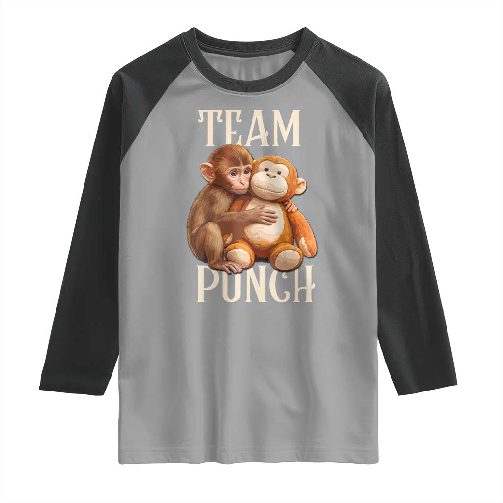 Team Punch Cute Baby Monkey Hugging Plush Toy Graphic Raglan Shirt