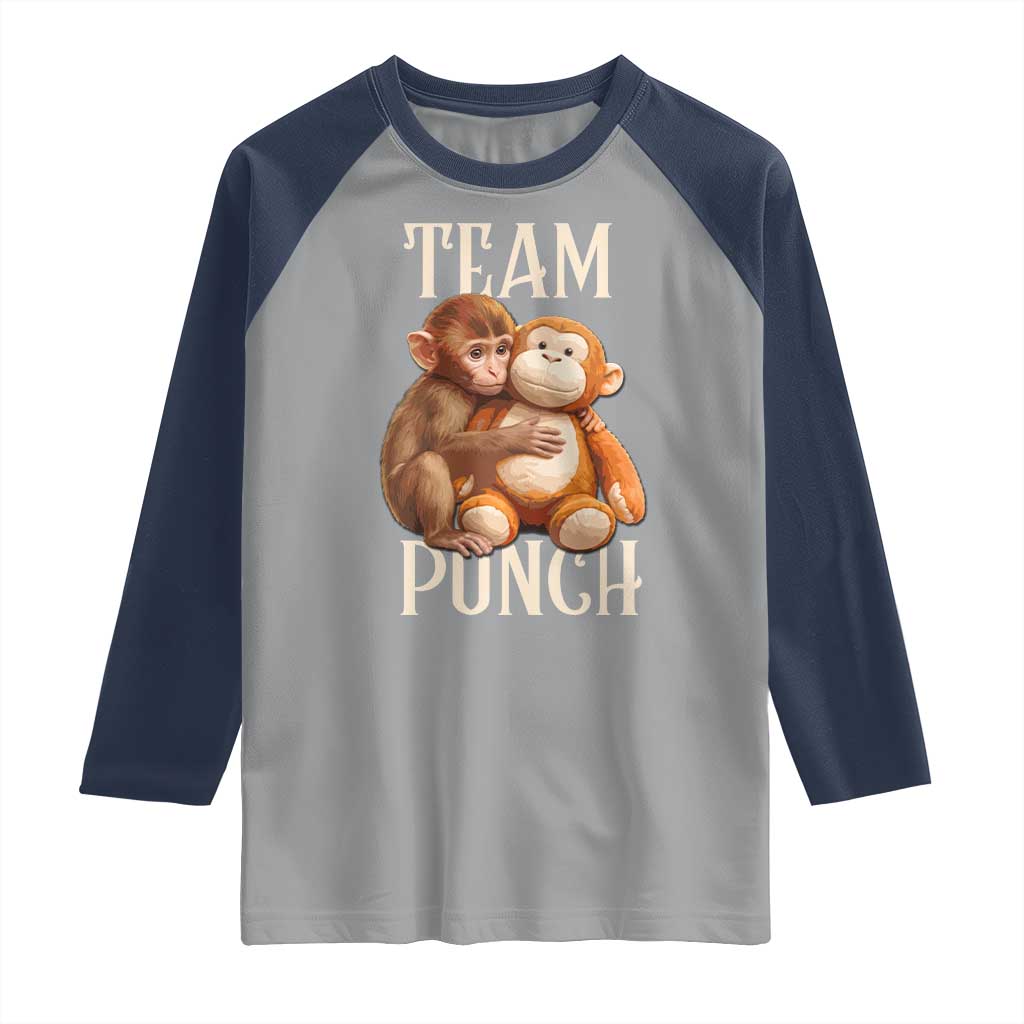 Team Punch Cute Baby Monkey Hugging Plush Toy Graphic Raglan Shirt