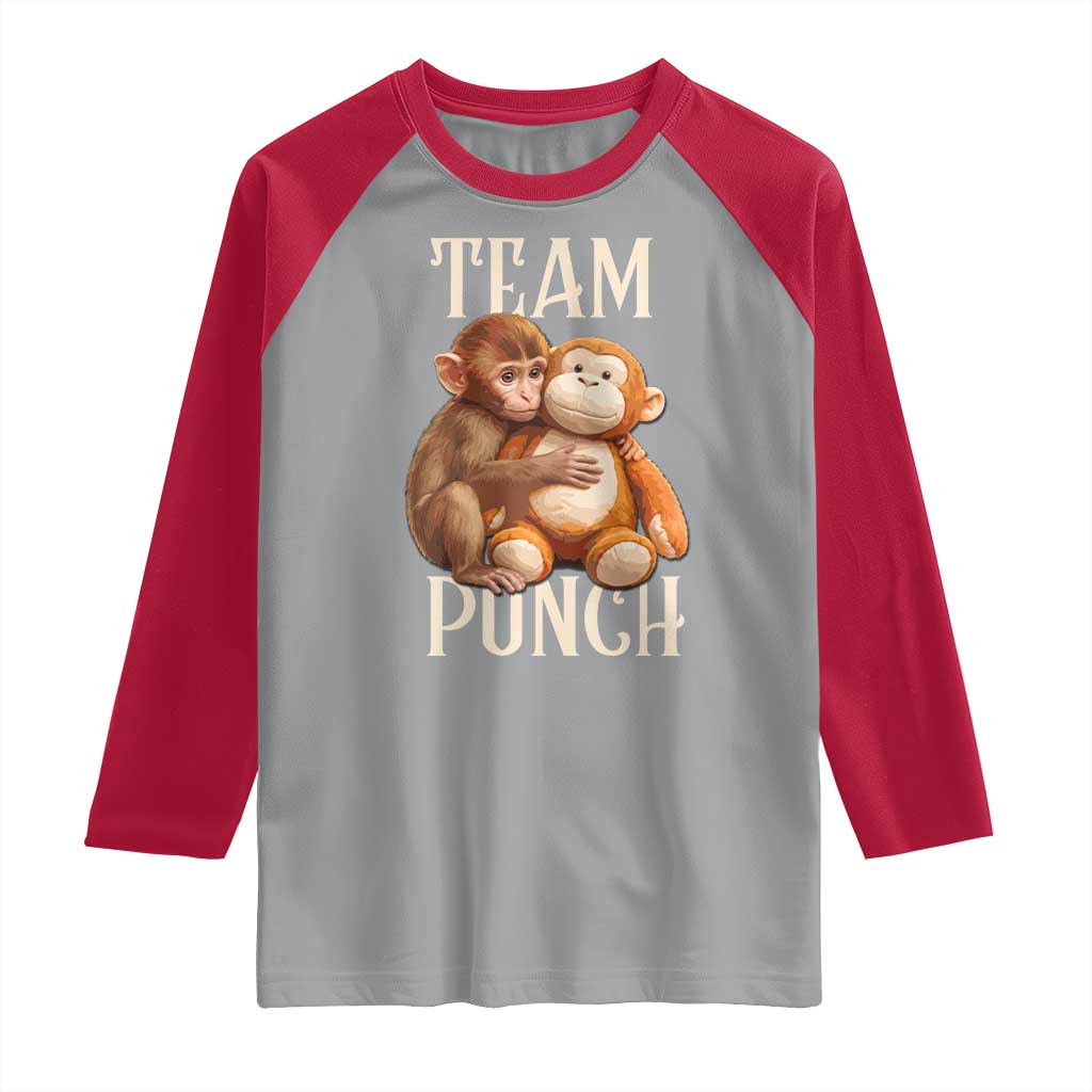 Team Punch Cute Baby Monkey Hugging Plush Toy Graphic Raglan Shirt